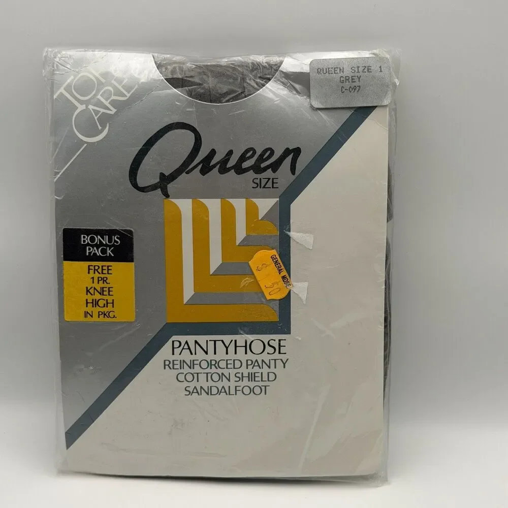 Top Care Pantyhose Vintage Queen Size Gray Reinforced Toe NOS 80s Cotton Shield